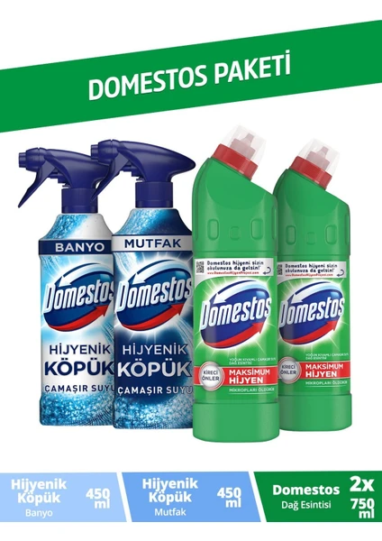 Paketi Domestos Hijyen Köpük Banyo 450 ml + Domestos Hijyen Köpük Mutfak 450 ml + Domestos Dağ Esintisi 750 ml x 2