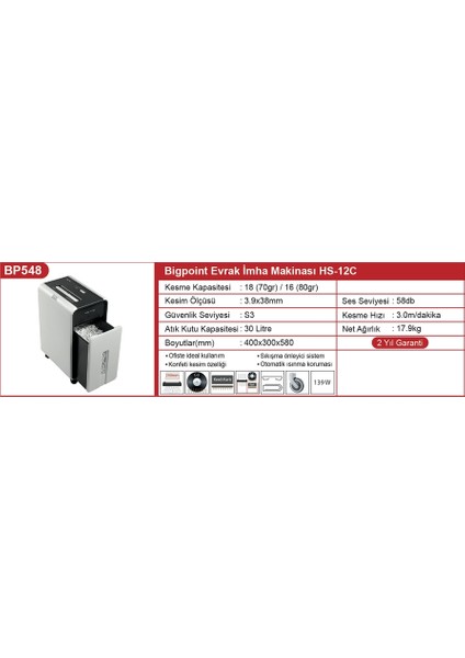 548 Evrak İmha Makinası 3.9X38mm 17Yp Hs-18Ç Bp548