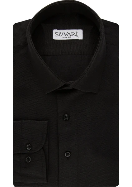 Slim Fit Armür Desenli Siyah Erkek Gömlek