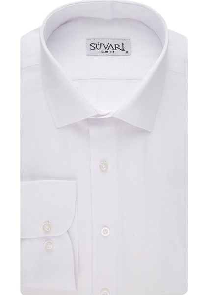 Slim Fit Armür Desenli Beyaz Erkek Gömlek