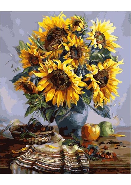 Masadaki Ayçiçekler Sayılarla Boyama SetiTuvale Gerili 40 x 50 cm