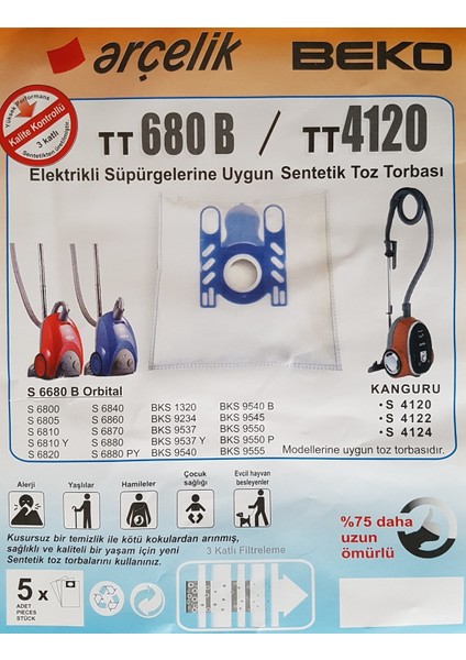 Arçelik Orbital S 6840 Uyumlu Süpürge Bez Toz Torbası 10 Adet