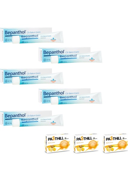 El ve Yüz Için Cilt Bakım Kremi 30 gr x 5 Adet + Pasthill 3 Adet Bal & Limon 24 Drops