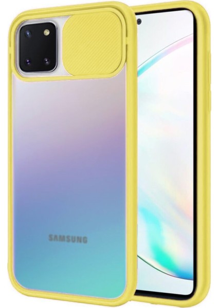 Samsung Galaxy A81 Kapak Lensi Açılır Kapanır Kamera Korumalı Silikon Kılıf - Sarı