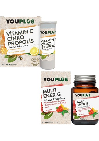 Vitamin C, Çinko & Propolis 20 Efervesan Tablet + Youplus Energy Vitamin ve Mineral Kompleksi 30 Tablet - Abdi İbrahim