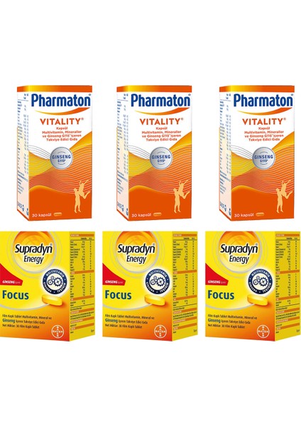 Vitality 30 Kapsül ve Supradyn Energy Focus 30 Tablet Seti x 3 Adet