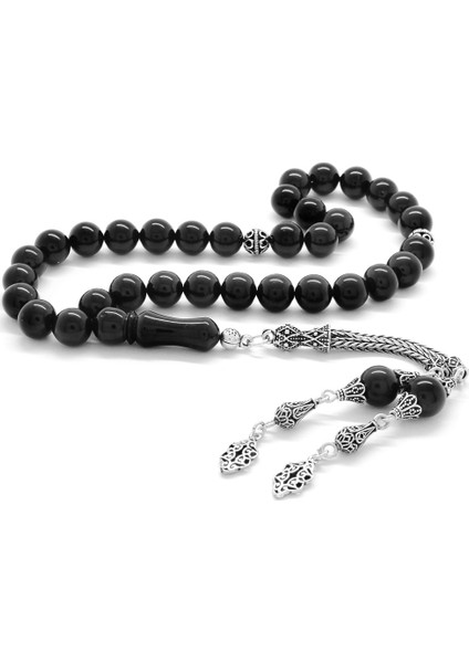 925 Ayar Gümüş Püsküllü Küre Kesim Iri Taneli Erzurum Oltu Taşı Tesbih