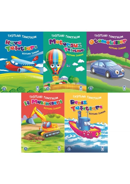 Taşıtları Tanıyalım 5 Kitap Boyama Seti (Hava, Motorsuz, Otomobiller, Iş Makineleri, Deniz)