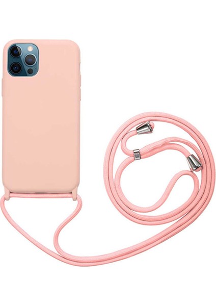 Apple iPhone 12 Pro Max Kapak İpli Askılı İçi Süet Lansman Kılıf - Pembe