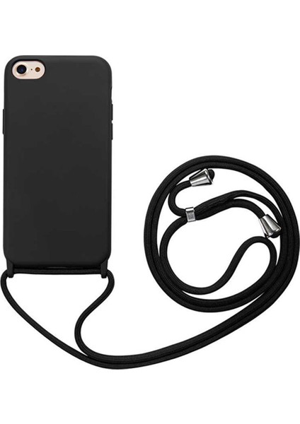 Apple iPhone 8 Kapak İpli Askılı İçi Süet Lansman Kılıf - Siyah