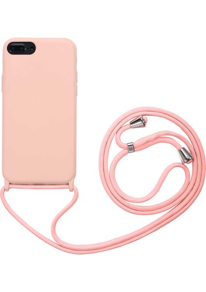 Apple iPhone 8 Plus Kapak İpli Askılı İçi Süet Lansman Kılıf - Pembe