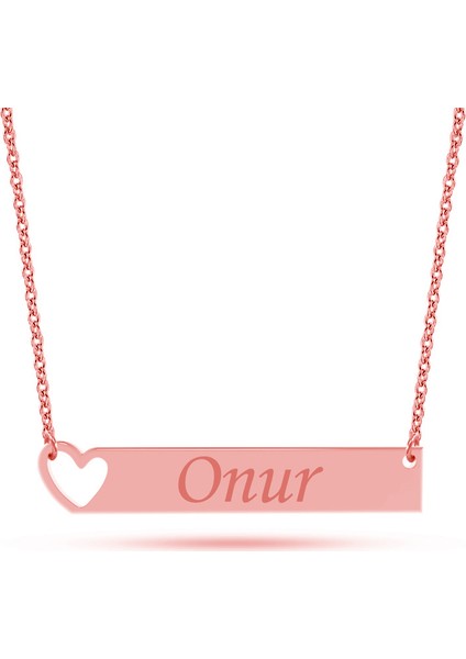 Rose Renkli Kalp Motifli Isimli Çubuk Gümüş Kolye