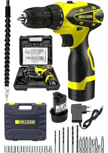 Alman Titan 32 V Sjs Çift Metal Şanzuman Çift Akülü Şarjlı Vidalama Matkap + 24 Parça Set Sari Ar