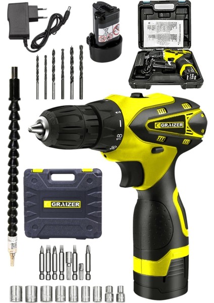 Alman Titan 32 V Sjs Çift Metal Şanzuman Çift Akülü Şarjlı Vidalama Matkap + 24 Parça Set Sari Ar