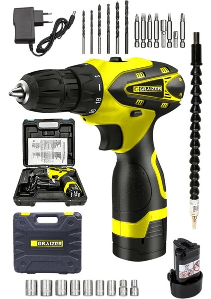 Alman Titan 32 V Sjs Çift Metal Şanzuman Çift Akülü Şarjlı Vidalama Matkap + 24 Parça Set Sari Ar