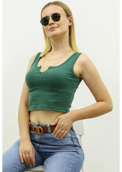 Mad Girls Yeşil Önü Detaylı Crop Top MG362