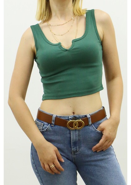 Mad Girls Yeşil Önü Detaylı Crop Top MG362