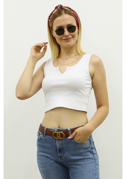 Mad Girls Önü Detaylı Beyaz Crop Top MG362