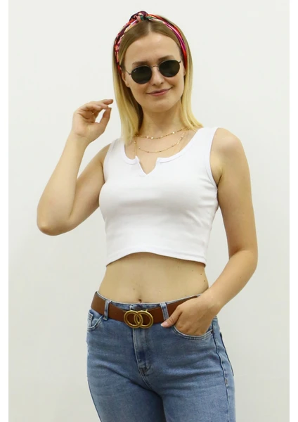 Mad Girls Önü Detaylı Beyaz Crop Top MG362