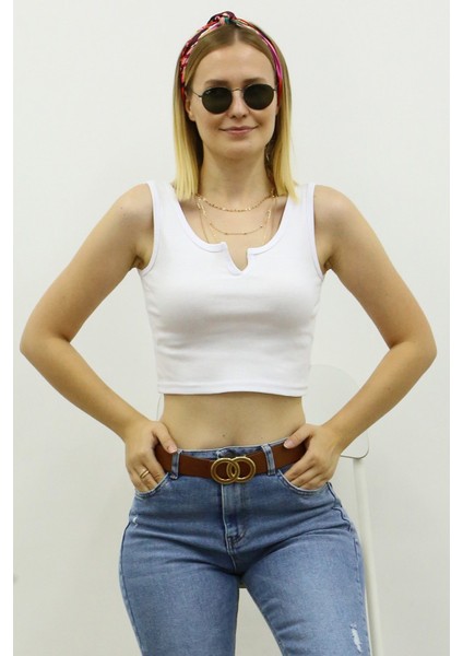 Mad Girls Önü Detaylı Beyaz Crop Top MG362