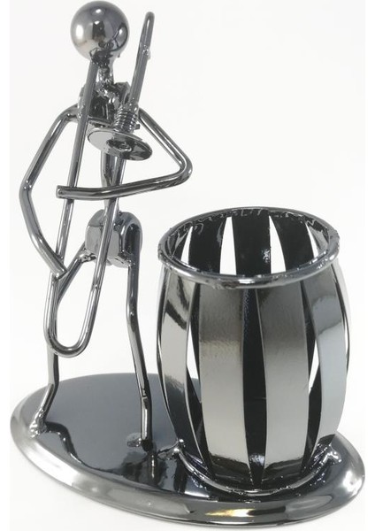 Dekoratif Trombon Çalan Adam Metal Kalemlik Masa Süsü