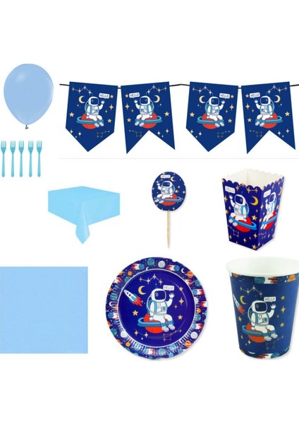 Astronot Uzay Temalı Doğum Günü Süsleri ve Parti Seti 8 Kişilik 8 Kişilik Tabak Bardak Peçete Çatal