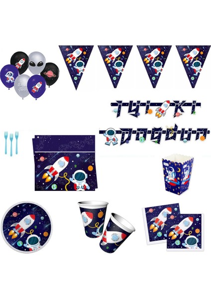 Uzay Temalı Doğum Günü Süsleri Astronot Masa Seti Parti Seti Ekonomik Set 16 Kişilik 8 Kişilik Tabak Bardak Peçete Çatal