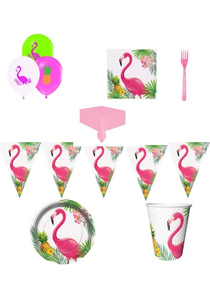 Flamingo 1-3-4 Ekonomik Doğum Günü Süsleri ve Parti Seti 8 Kişilik 8 Kişilik Tabak Bardak Peçete Çatal