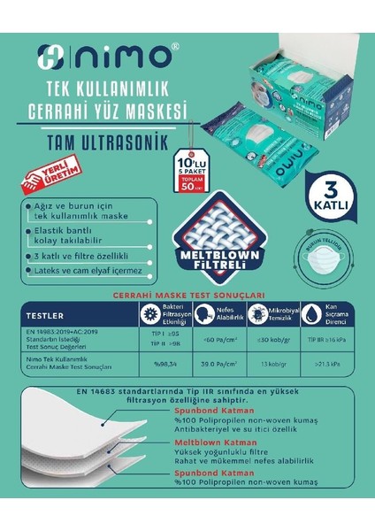 TIP2R Maske 3 Katlı Cerrahi Yüz Maskesi 10 x 5