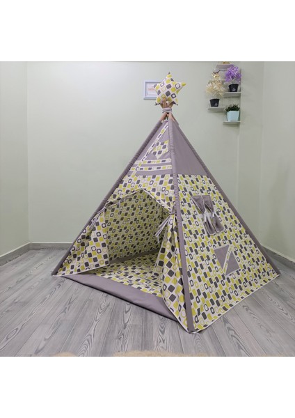Sabitlenebilir Çocuk Oyun Çadırı Gri Sarı Kutular