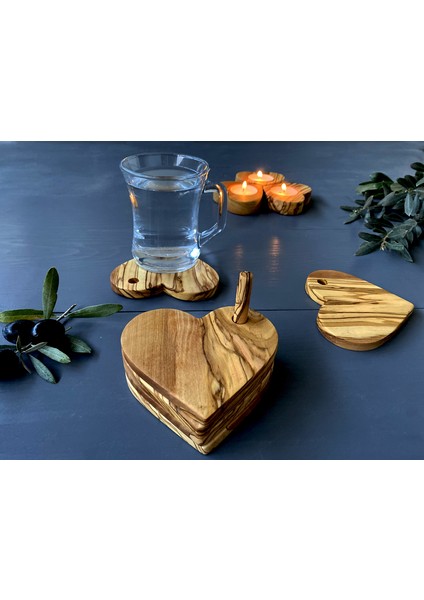 Zeytin Ağacı Kalp Formlu Bardak Altlığı Seti