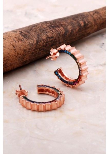 Rose Gümüş 19 mm Mix Taşlı Halka Küpe