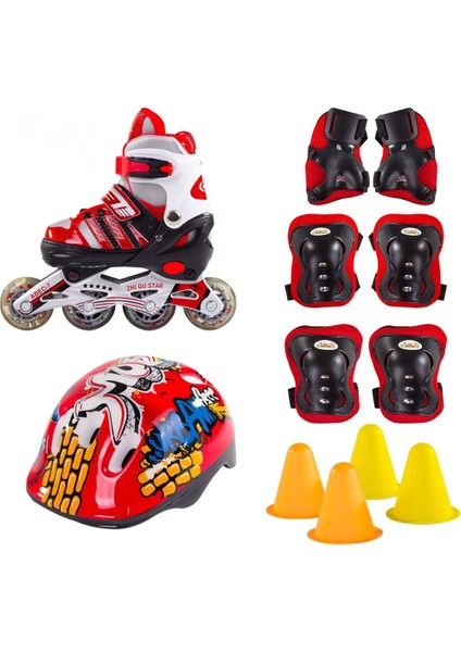 F-Sports Kırmızı Ayarlanabilir Işıklı Paten Kask ,kuka, Dizlik ve Dirseklik Seti