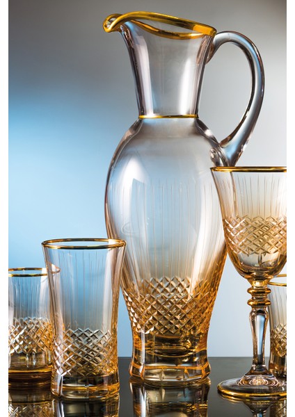 Antik Sarı Kesme El Dekor Yaldızlı Desenli Cam Karaf Sürahi