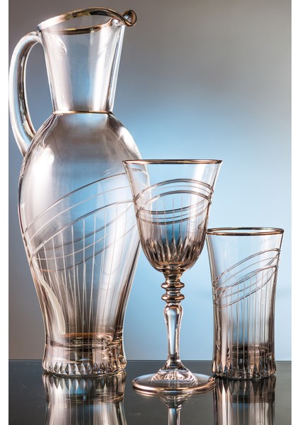 Seremoni Füme Kesme El Dekor Yaldızlı Desenli Cam Karaf Sürahi