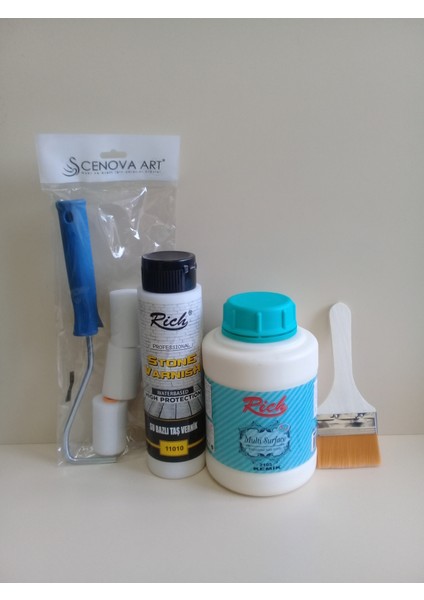 Multisurface Boya Set 1250 cc 1750 gr 2105 Kemik + 500 cc Taş Vernik + Fırça + Rulo Set - 05