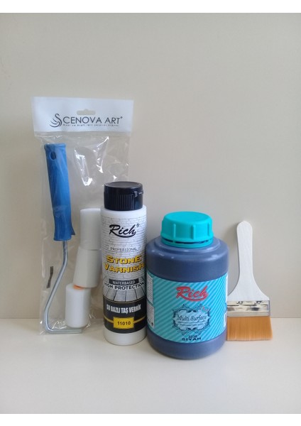 Multisurface Boya Set 1250 cc 1750 gr 2138 Siyah + 500 cc Taş Vernik + Fırça + Rulo Set - 07