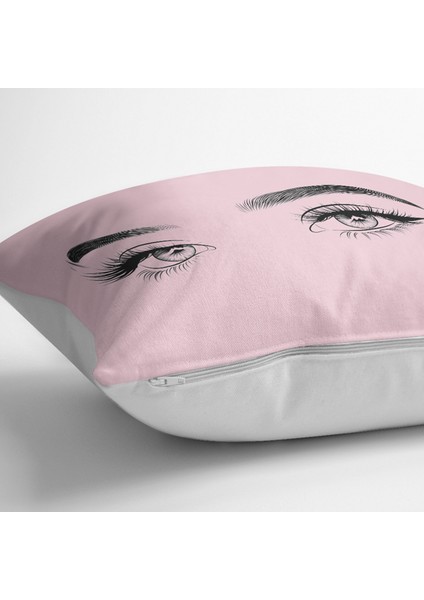Pembe Zeminde Kirpik Motifli Özel Tasarım Yastık Kılıfı