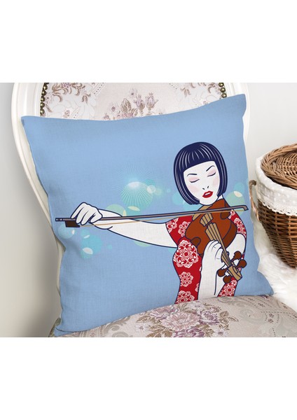 Mavi Zeminde Keman Çalan Japon Kız Desenli Dekoratif Kırlent Kılıfı