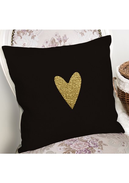 Siyah Zeminde Coklu Gold Kalp Desenli Dijital Baskılı Modern Yastık Kılıfı