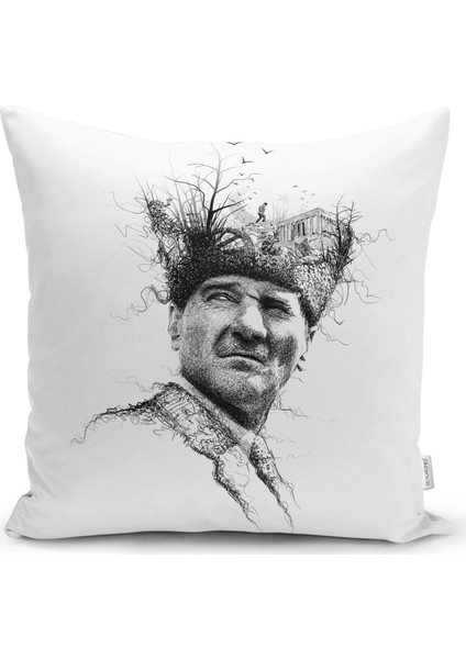 Karakalem Atatürk Portresi Dekoratif Kırlent Kılıfı