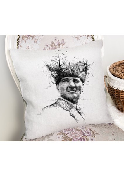 Karakalem Atatürk Portresi Dekoratif Kırlent Kılıfı