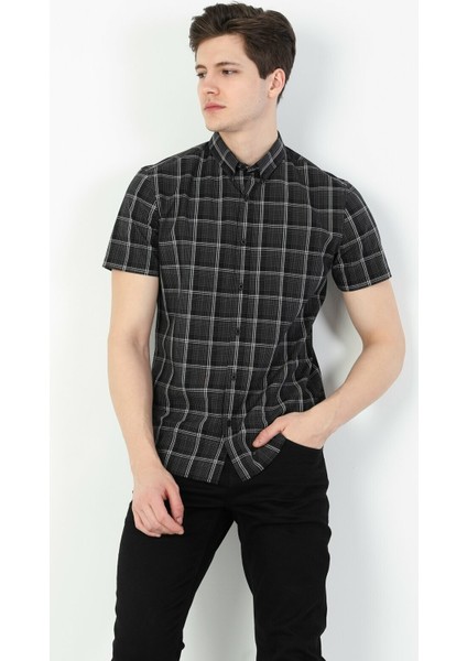 Erkek Slim Fit Shirt Neck Erkek Siyah Kısa Kol Gömlek