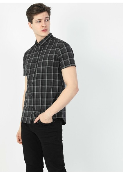 Erkek Slim Fit Shirt Neck Erkek Siyah Kısa Kol Gömlek