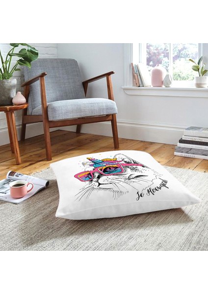 Renkli Gözlüklü Siyah Beyaz Kedi Baskılı Modern Hayvan Yer Minderi