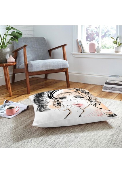 Karakalem Çizimli Fashion Women Dekoratif Yer Minderi