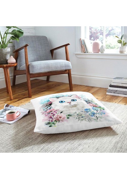 Çiçek Çerçeveli Kedi Motifli Modern Hayvan Yer Minderi