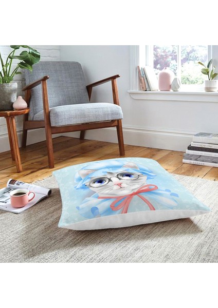 Sevimli Kedi Desenli Dijital Baskılı Modern Hayvan Yer Minderi