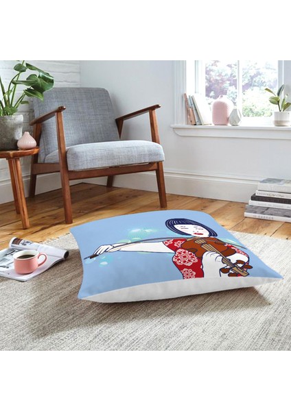 Mavi Zeminde Keman Çalan Japon Kız Desenli Dekoratif Yer Minderi
