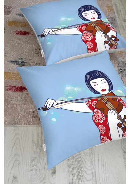 Mavi Zeminde Keman Çalan Japon Kız Desenli Dekoratif Yer Minderi